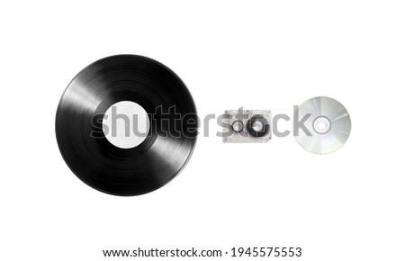 Blank vinyl, cassette and cd disk mockup set, isolated, 3d rendering. Empty retro music plate mock up, top view. Clear obsolete record stereo song for mixtape player template.