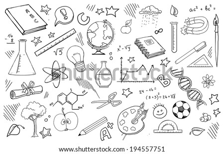 doodle set of school related items, vector illustration