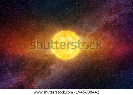 Bright Sun against dark starry sky and Milky Way in Solar System, elements of this image furnished by NASA Royalty-Free Stock Photo #1945608442