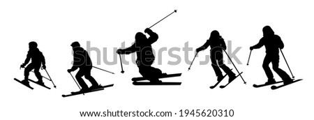 Different people skiing vector silhouette.