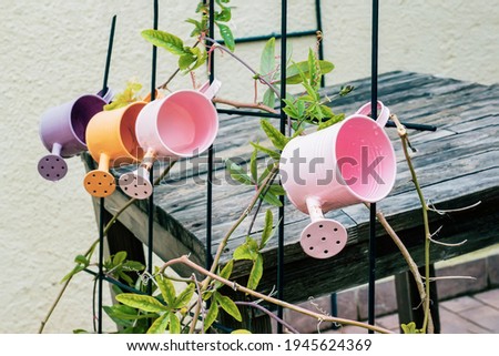 watering cans as a design element. colorful watering cans hang on the fence as a decoration of the summer garden. Old things in a modern design.