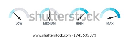 Risk meter. Satisfaction meter. Speedometer scale. Set of gauges from low to high. Vector illustration Royalty-Free Stock Photo #1945635373