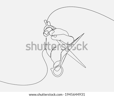 Continuous line, Hairdresser's Hands with Scissors. Drawing of set Fashion. (Vector illustration one line drawing)