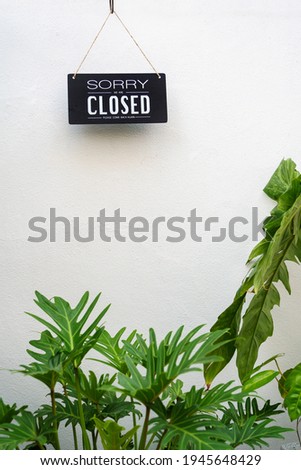 sorry we're closed . black and white wood sign on white wall with green plant in foreground