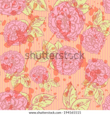 Sketch rose with leaves, vector vintage seamless pattern