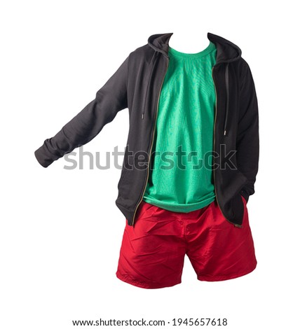 black sweatshirt with iron zipper hoodie,retro heather green t-shirt and red sports shorts isolated on white background. casual sportswear