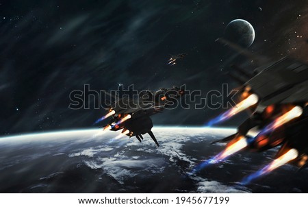 Spaceships on the way to deep space. Sci-fi futuristic art . Image elements furnished by NASA