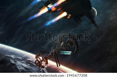 Spaceships on the way to deep space. Sci-fi futuristic art . Image elements furnished by NASA