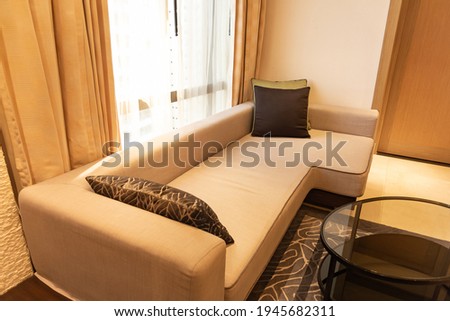 Stylish living room interior of modern apartment and trendy furniture, plants and elegant accessories. Home decor.
