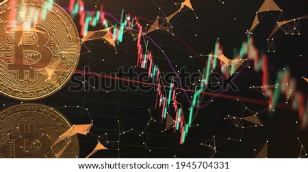 Bitcoin Stock Growth. Chart shows a strong increase in the price of bitcoin. Investing in virtual assets. Investment platform with charts and bitcoin coin. Royalty-Free Stock Photo #1945704331