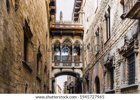 View to the Bishop's Bridge in the Gothic Quarter of Barcelona, Catalonia, Spain Royalty-Free Stock Photo #1945727965