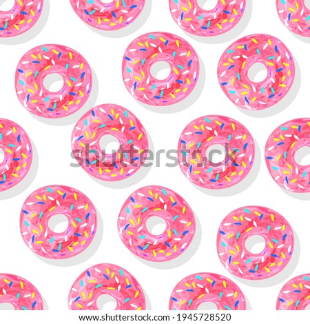 Pink donuts on white background. Children's drawing with colored watercolor pencils. Seamless pattern. Texture for fabric, wrapping, wallpaper. Decorative print.Vector illustration
