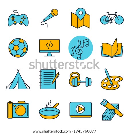 Set of hobby icon. Hobbies for children or people at home and outdoors. Sports, reading, drawing, music and singing, photo and video symbol template for graphic and web design collection logo vector