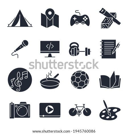 Set of hobby icon. Hobbies for children or people at home and outdoors. Sports, reading, drawing, music and singing, photo and video symbol template for graphic and web design collection logo vector