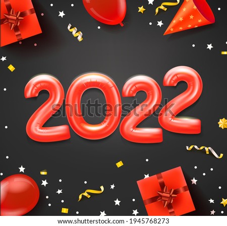 Happy new 2022 greeting card with red balloons and holiday accessories