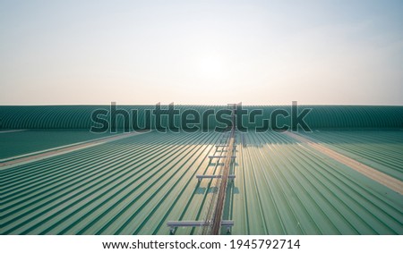 Empty space of metal sheet corrugated roof on rooftop of industry factory. Steel structure of modern station building roof. Metal. architecture design background.