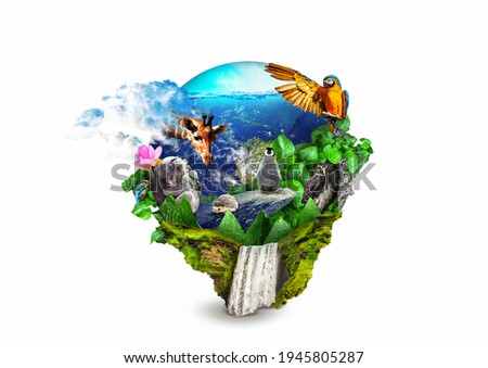 The planet Earth engulfed in leaves and animals living on it. Concept design for nature and protection of the Earth and the animal kingdom Royalty-Free Stock Photo #1945805287