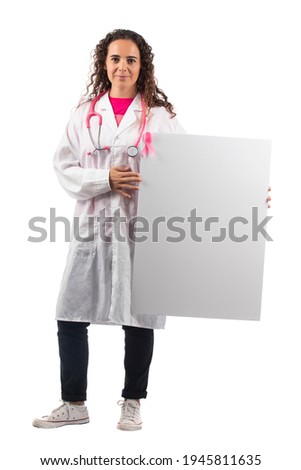 Caucasian doctor woman holding white board on a white background.