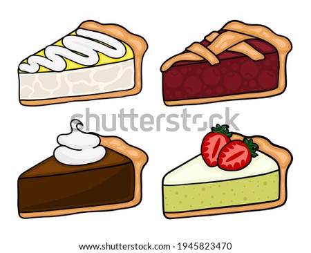 Cartoon pie slices set. Set of traditional American pies illustrations. Cute cartoon vector drawings.
