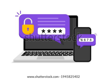 Two steps authentication. Verification code message on smartphone. Notice with code for secure login or sign in. Two factor verification via laptop and phone. Vector illustration. Royalty-Free Stock Photo #1945825402