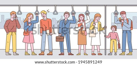 Passengers in the subway are standing in a line. flat design style minimal vector illustration. Horizontal banner.