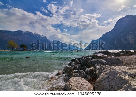 View of the beautiful Lake Garda surrounded by mountains,Riva del garda and Garda lake in the spring time,Trentino Alto Adige region,italy