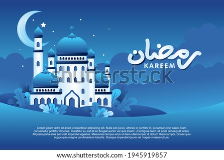 Ramadan kareem landscape, Panorama of Night landscape with blue flat style