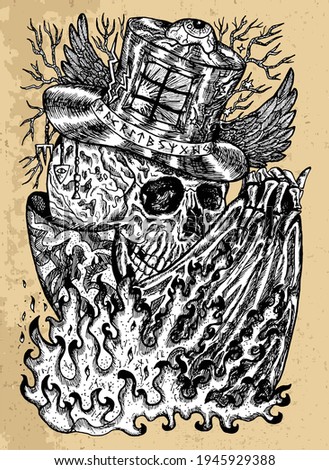 Grunge illustration with skull wearing illusionist, magician or wizard hat with flame on cloak. Mystic background for Halloween, esoteric, gothic, heavy metal or occult concept