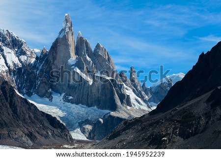 Panoramic photography of Cerro Torre, El Chalten Patagonia Argentina on a sunny and clear day