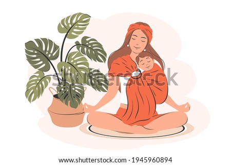 Mother Meditating at Home, practices yoga. Young Woman Doing Relaxing Exercises and is holding a baby in a sling. Calm Parent, motherhood  and stress relief. Happy Mother's Day. Vector illustration