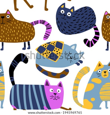 Cats seamless pattern. Funny colorful characters in different poses. Vector hand-drawn illustration in simple Scandinavian style. Nursery kids background ideal for printing baby textiles, fabrics