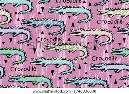 Hand drawn funny crocodiles and alligators in vector seamless pattern for boys and girls. Children's background and pattern. Print for fabrics and scrapbooking. Reptiles on grunge texture