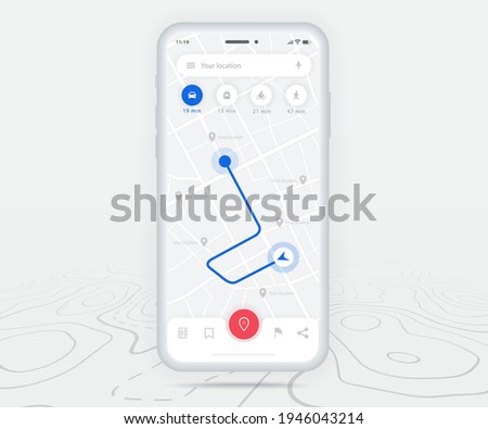Map GPS navigation ux ui concept, Smartphone map application and destination pinpoint on screen, App search map navigate, Technology map, City navigation maps, City street, tracking, location, Vector Royalty-Free Stock Photo #1946043214