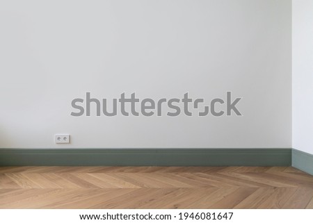 Fragment of classic interior with french herringbone parquet floor and installed wall outlet. White wall with copyspace decorated with green moldings and skirting boards. Royalty-Free Stock Photo #1946081647