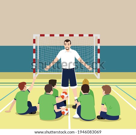 A vector illustration of players in locker room listening to coach talking