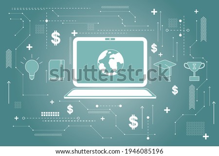White computer icon, green background, cup, head, book, lightbulb signs, worldwide education concept, 3d rendering