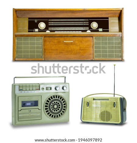 A collage of photos of old radios. Isolated.