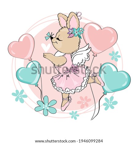 Vector illustration of a cute summer bunny, balloons and flowers isolated. Greeting card, happy easter, birthday, t-shirt design