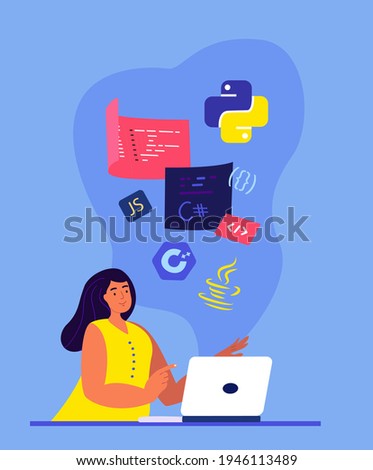 Woman Developer Programmer Working on Web Development in Virtual Program,Computer Laptop Script Coding,Programming php,python,javascript Artificial Language.Software Developer.Flat Vector illustration