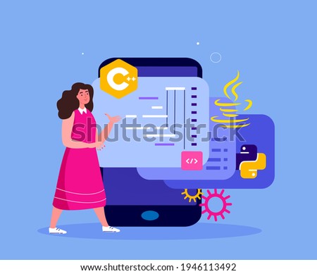 Woman Programmer Working on Web Development in Virtual Program,Smartphone Mobile Phone.Script Coding, Programming php,python,javascript Artificial Language. Software Developer.Flat Vector illustration