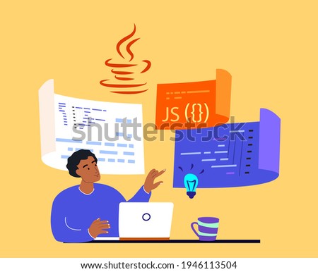 Man Developer Programmer Working on Web Development in Virtual Program,Computer Laptop Script Coding, Programming php,python,javascript Artificial Language. Software Developer.Flat Vector illustration