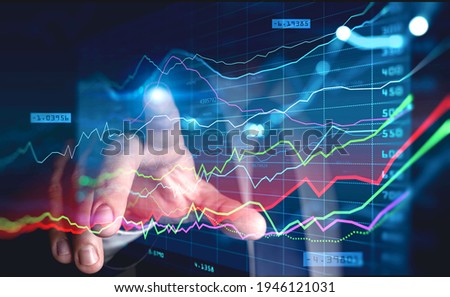 Businessman finger touch hud, virtual screen with stock market changes, business graph chart. Double exposure of coloured lines, growing numbers, online trading