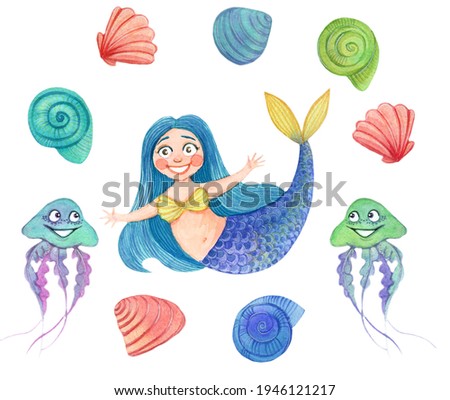 Watercolor mermaid with colourful jellyfish and shells