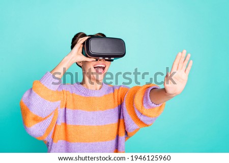 Photo of optimistic nice brunette lady wear 3d glasses sweater isolated on teal color background