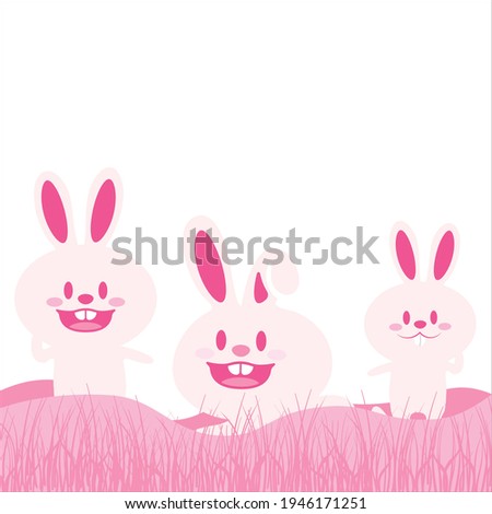 Easter card with cute Bunnies on pink background for Easter postcard and greeting card, Happy Easter Pink Card Colorful Vector, Bunny design and illustration. Pink Bunnies on grass.