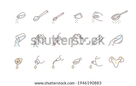 Instructions how to Add Salt, Eggs, Milk and other Cooking Ingredients. Kitchen Measurement for Liquids and Dry Ingredients. Various Dishes Directions. Flat Line Vector Illustration and Icons set. Royalty-Free Stock Photo #1946190883