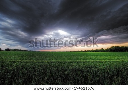 The picture shows a storm brewing over a field.