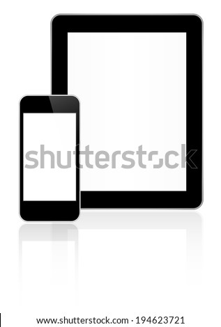 Black Business Tablet And Smart Phone Similar To iPad And iPhone With Reflection On White