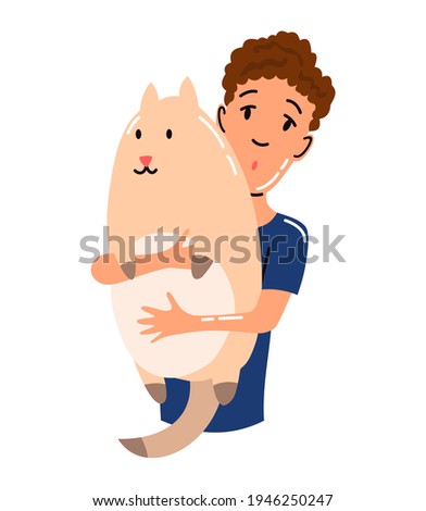 People and pet. Cat pet owner character. Owner hugging cat. Young boy love him animal. Cute and adorable domestic animal