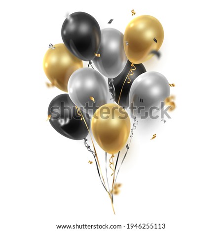Bouquet, bunch of realistic transparent, golden, silver, black  ballons, ribbons, serpentine, confetti. Vector illustration. 